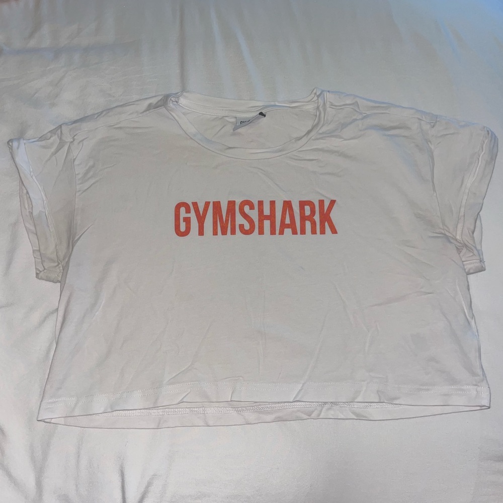 Gymshark fraction cropped tee— white with orange logo, size medium